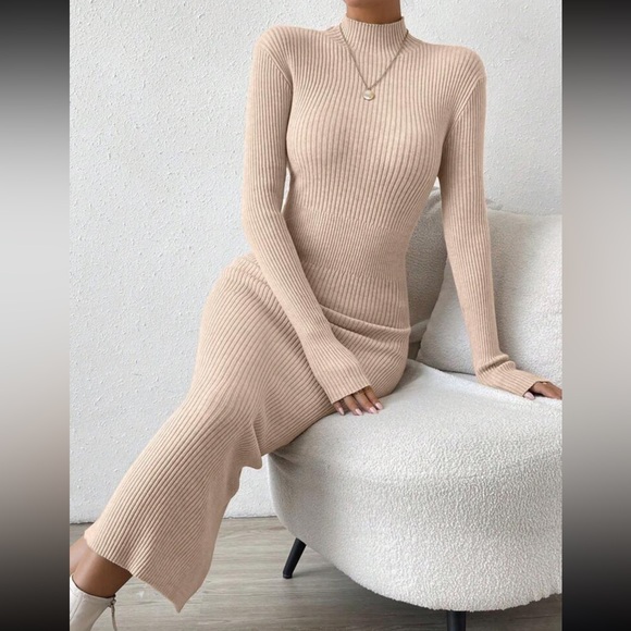 Sexy mock neck ribbed long sleeve bodycon fitted maxi sweater dress - Picture 14 of 16